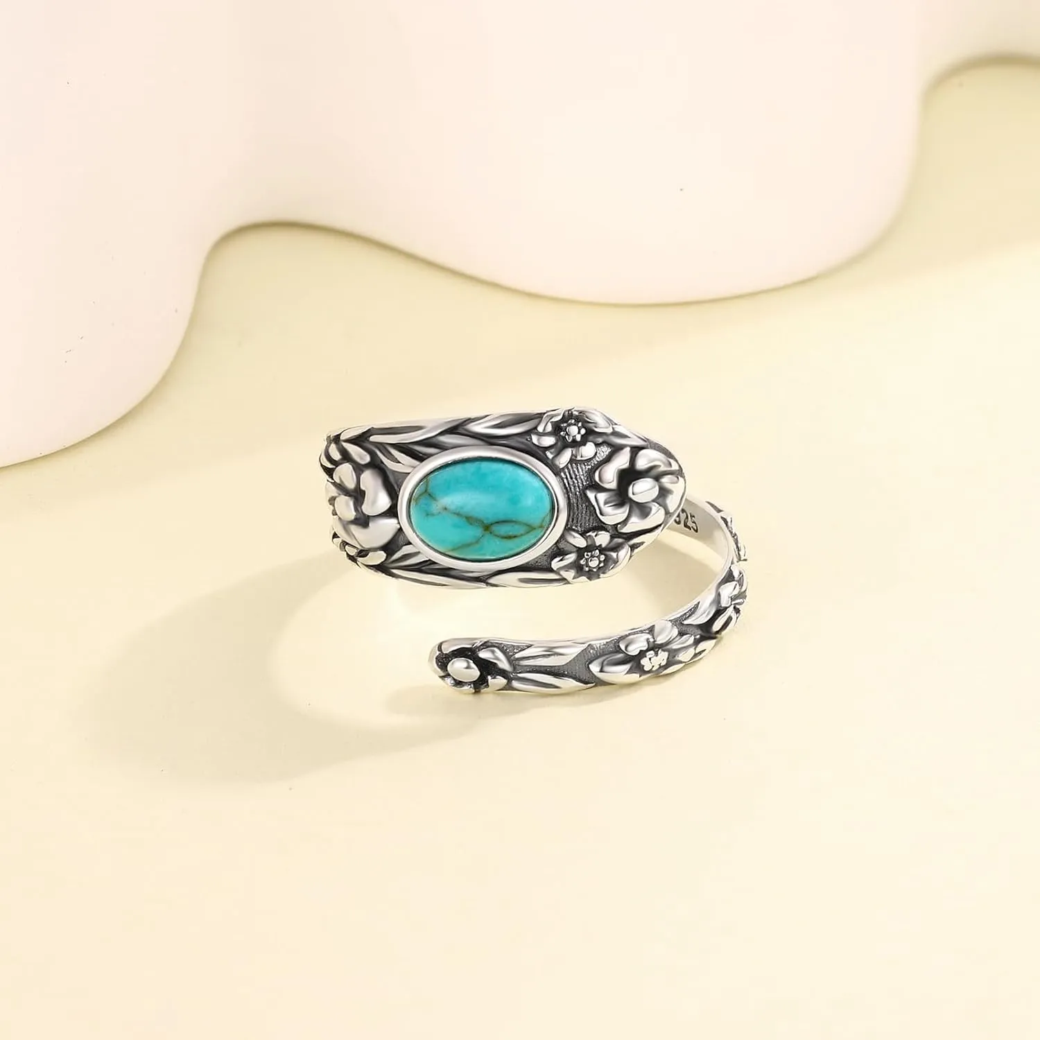 Flower Spoon Rings for Women 925 Sterling Silver Turquoise Opal Spoon Ring Jewelry Oxidized Victorian Vintage Flower Thumb Rings Adjusting 6-11