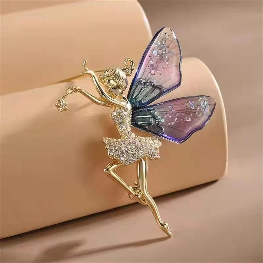 Flying Angel Wings Rhinestone Brooch Pins for Women Girls Ballet girls Fairy sticks Angel wings Zirconia Brooch Elegant Wedding Bouquet Prom Jewelry Gift