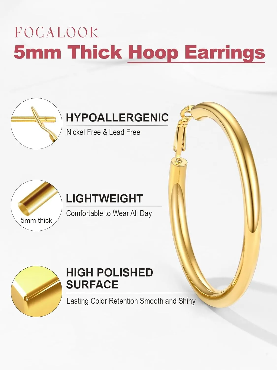 FOCALOOK Hoop Earrings for Women - Lightweight Large Hoops 14K Gold Chunky Earrings Hypoallergenic 5mm Thick Silver Black Hoop Earrings | Custom Name Jewelry 30mm 40mm 60mm 80mm