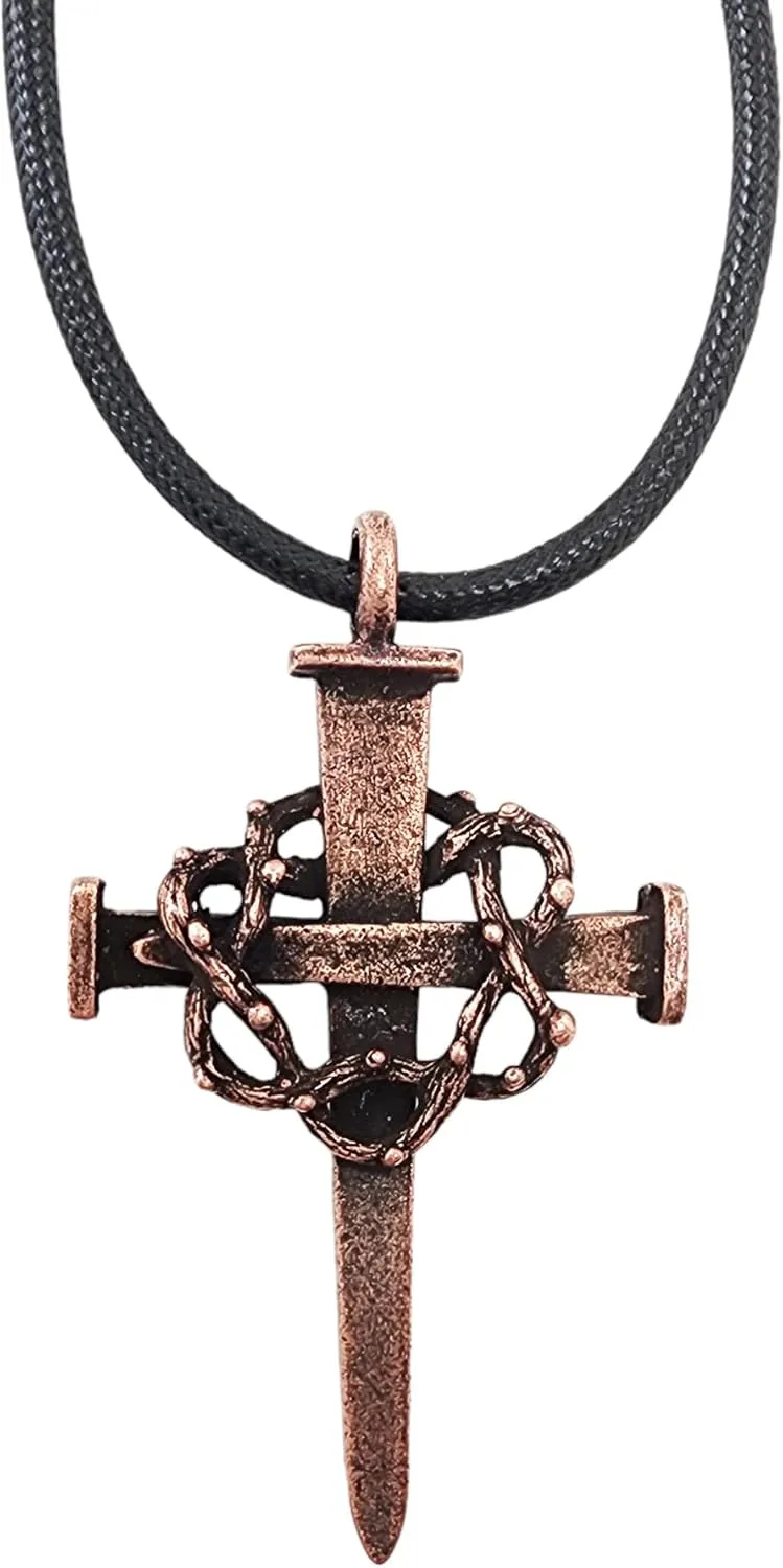 FORGIVEN JEWELRY Nail Crown Cross Pewter Antique Copper Metal Finish Black Cord Necklace For Men