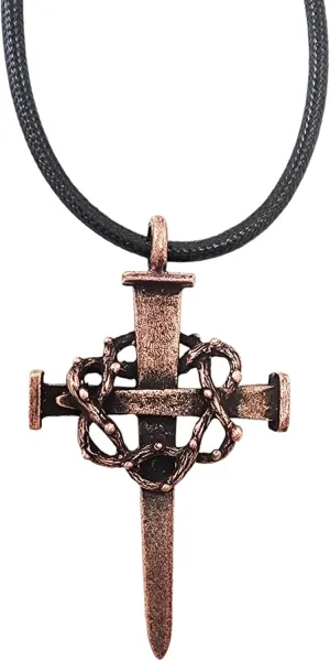 FORGIVEN JEWELRY Nail Crown Cross Pewter Antique Copper Metal Finish Black Cord Necklace For Men