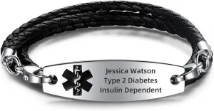 Free Engraving Medical Alert Bracelets for Women & Men with Rolo Leather Rope | Interchangeable Replacement Bracelet | Stainless Steel Personalized Medical ID Tag