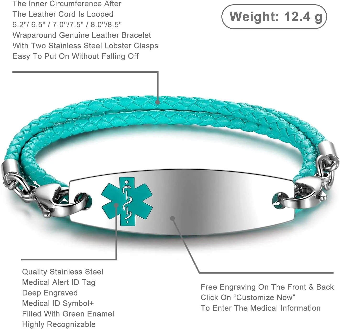 Free Engraving Medical Alert Bracelets for Women & Men with Rolo Leather Rope | Interchangeable Replacement Bracelet | Stainless Steel Personalized Medical ID Tag