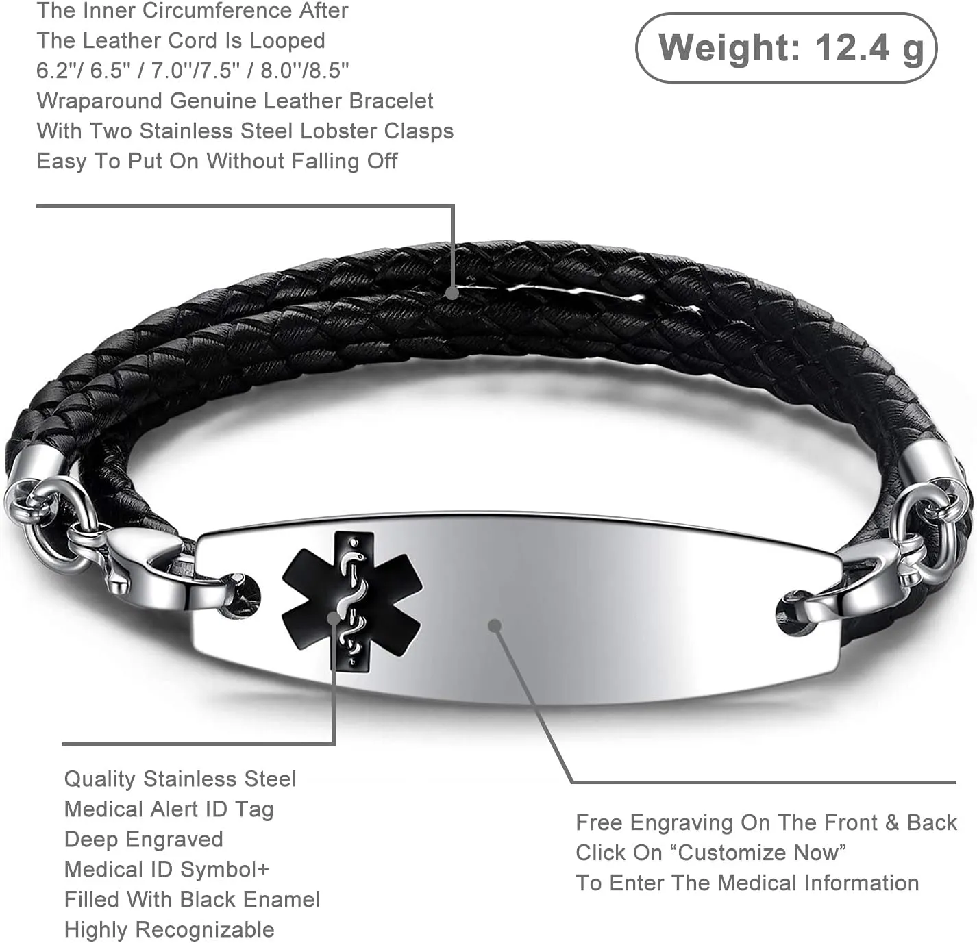 Free Engraving Medical Alert Bracelets for Women & Men with Rolo Leather Rope | Interchangeable Replacement Bracelet | Stainless Steel Personalized Medical ID Tag