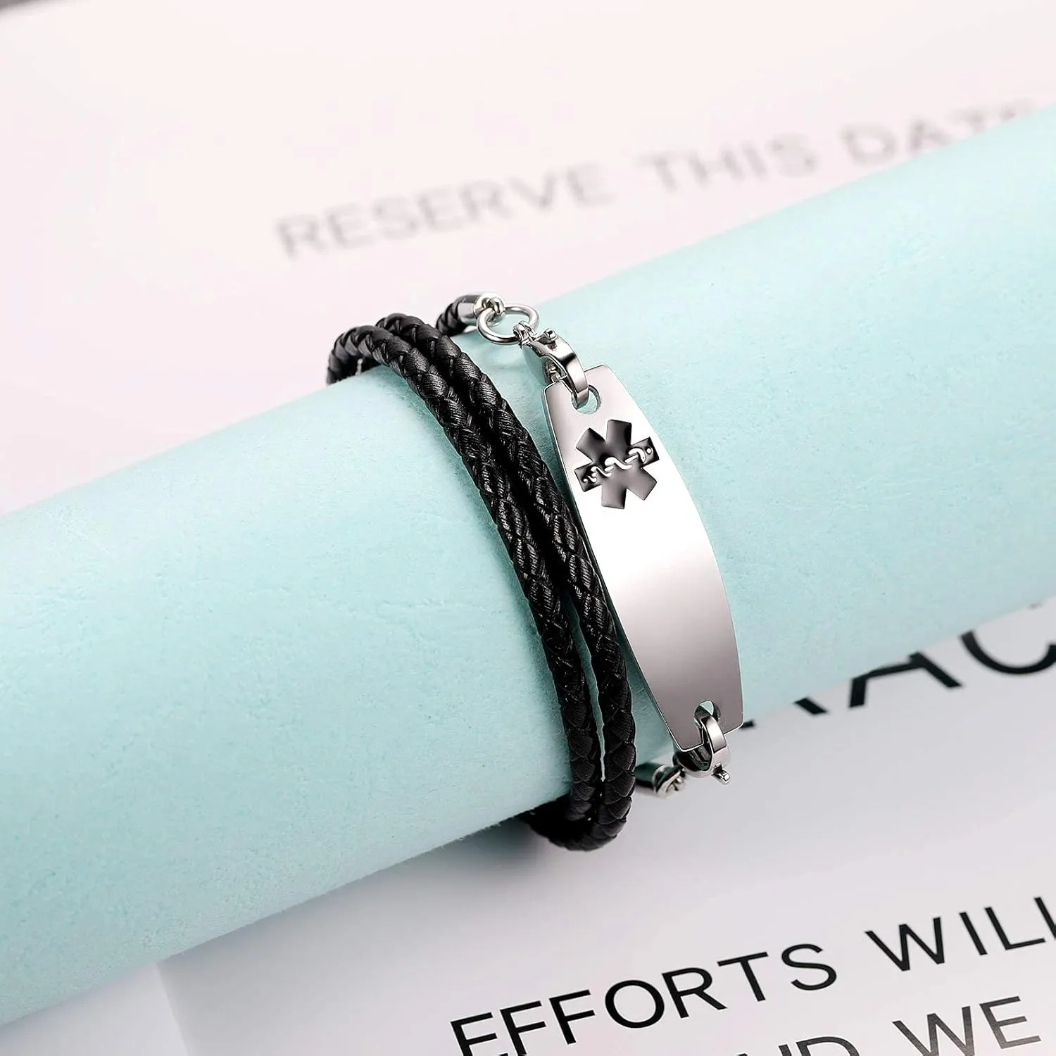 Free Engraving Medical Alert Bracelets for Women & Men with Rolo Leather Rope | Interchangeable Replacement Bracelet | Stainless Steel Personalized Medical ID Tag