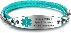 Free Engraving Medical Alert Bracelets for Women & Men with Rolo Leather Rope | Interchangeable Replacement Bracelet | Stainless Steel Personalized Medical ID Tag