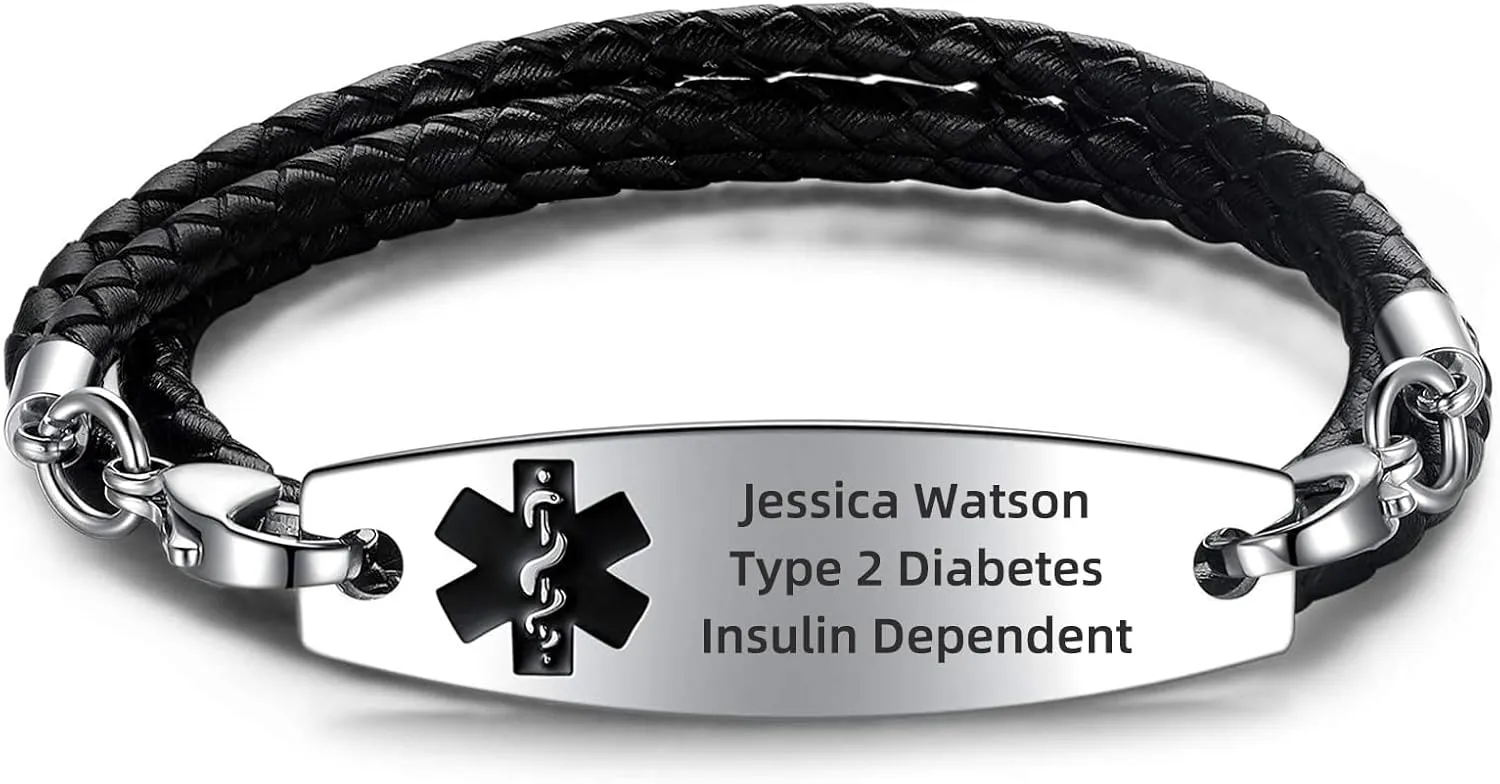 Free Engraving Medical Alert Bracelets for Women & Men with Rolo Leather Rope | Interchangeable Replacement Bracelet | Stainless Steel Personalized Medical ID Tag