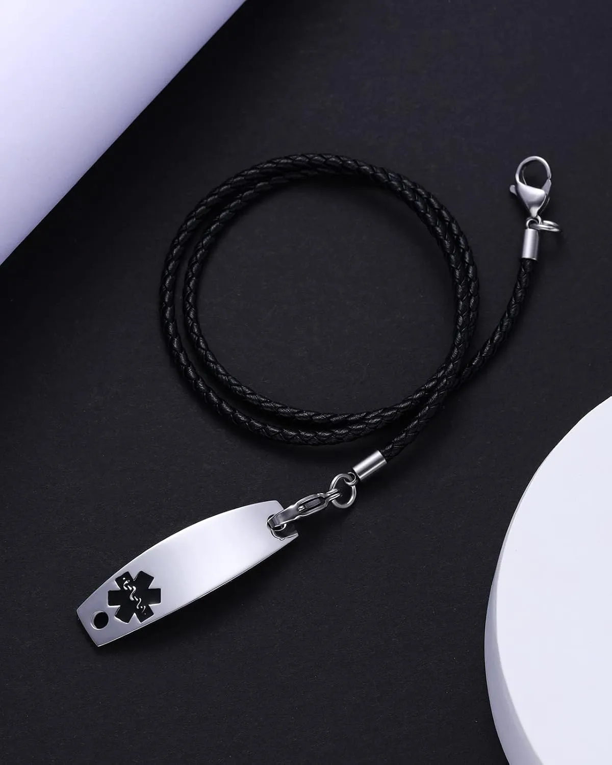 Free Engraving Medical Alert Bracelets for Women & Men with Rolo Leather Rope | Interchangeable Replacement Bracelet | Stainless Steel Personalized Medical ID Tag