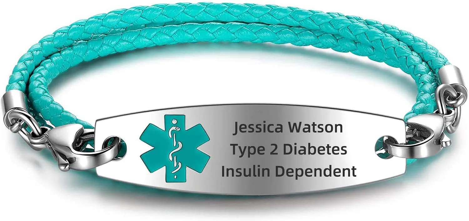 Free Engraving Medical Alert Bracelets for Women & Men with Rolo Leather Rope | Interchangeable Replacement Bracelet | Stainless Steel Personalized Medical ID Tag