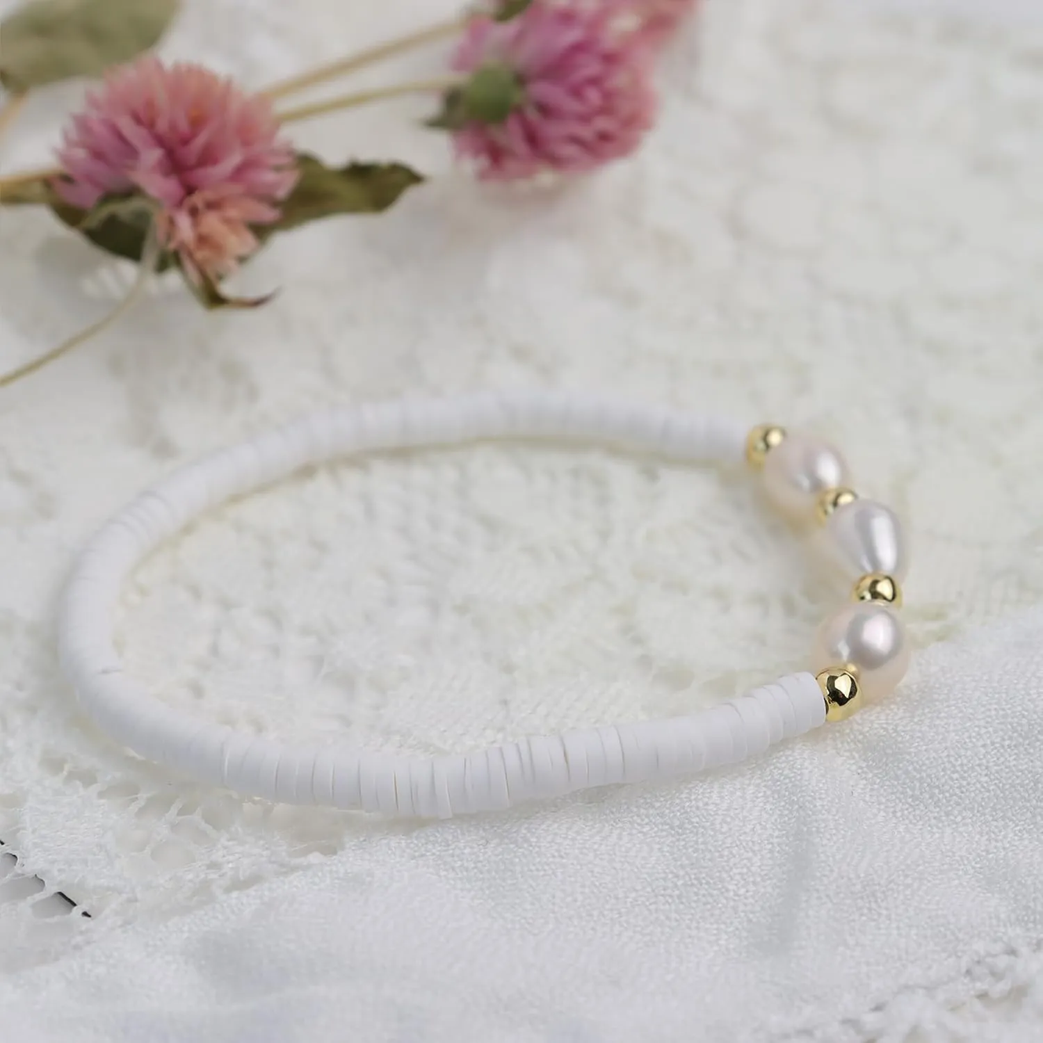 Freshwater Pearl Heishi Clay Beads Bracelets for Women, Dainty Handmade Stackable stretch Friendship Bracelet Summer Beach Jewelry Gift