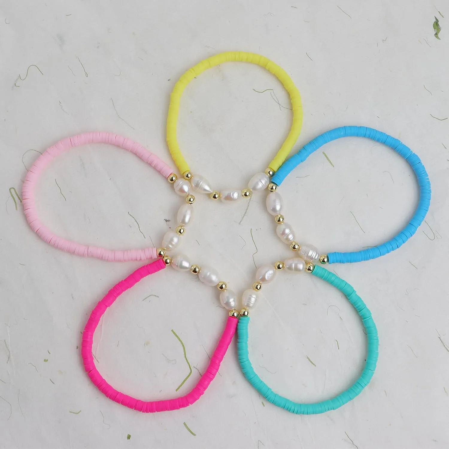 Freshwater Pearl Heishi Clay Beads Bracelets for Women, Dainty Handmade Stackable stretch Friendship Bracelet Summer Beach Jewelry Gift