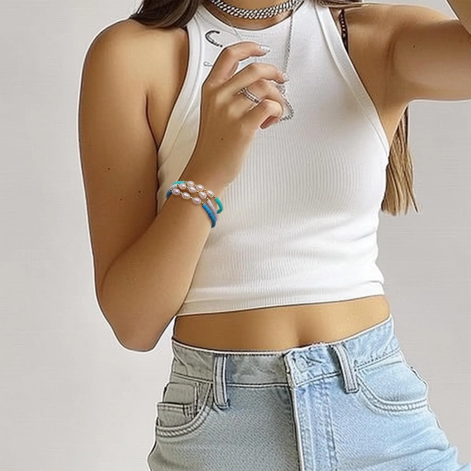 Freshwater Pearl Heishi Clay Beads Bracelets for Women, Dainty Handmade Stackable stretch Friendship Bracelet Summer Beach Jewelry Gift
