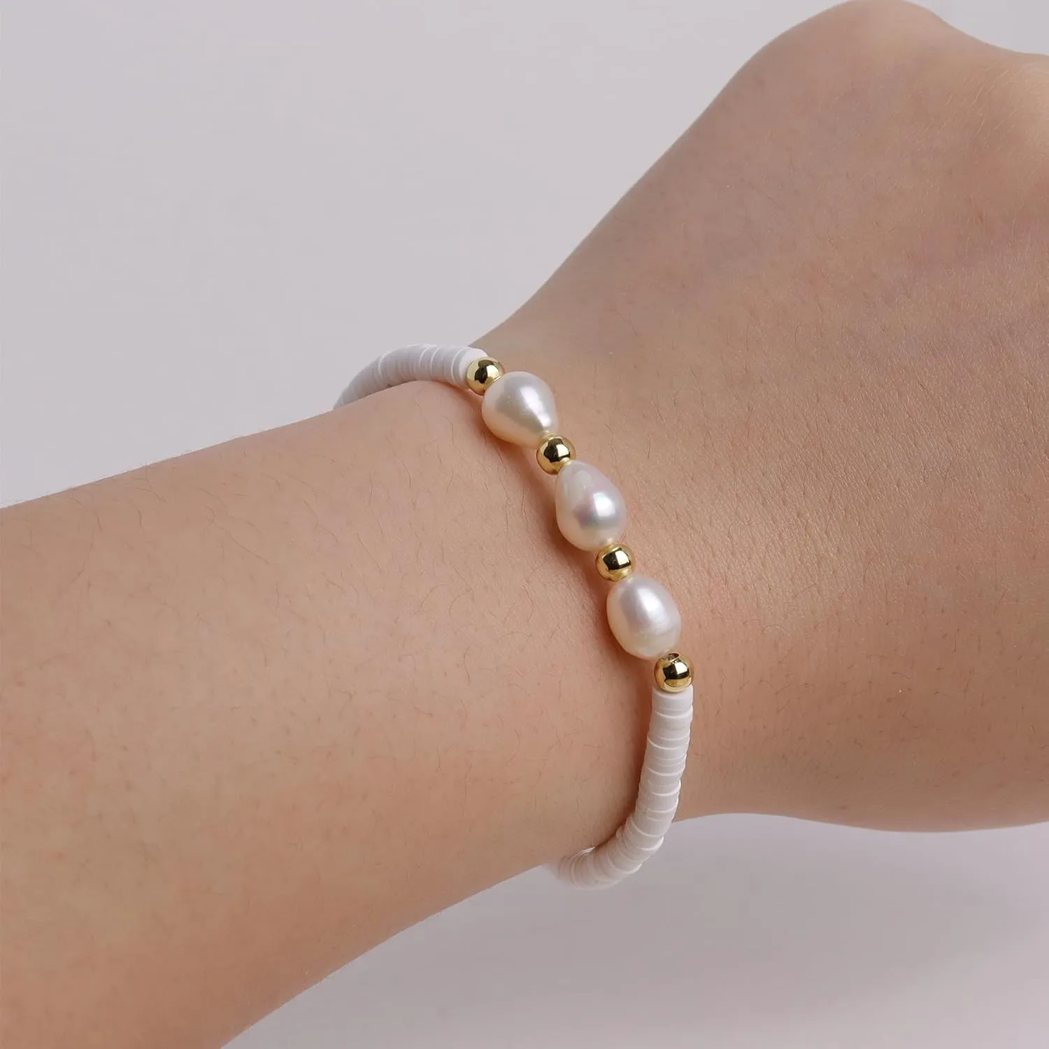 Freshwater Pearl Heishi Clay Beads Bracelets for Women, Dainty Handmade Stackable stretch Friendship Bracelet Summer Beach Jewelry Gift