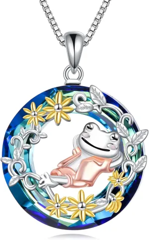 Frog Necklace Daisy necklace Frog Wreath Crystal Necklace Sterling Silver Animal Necklace Women's Necklace Jewelry Gift