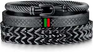 FUNEIA 3PCS Stainless Steel Bracelet Set for Women Men Gold Black Silver Cuff Bracelet Mens Crown Twisted Cable Roman Numeral Bangle Bracelet Luxury Bracelets Jewelry Gifts
