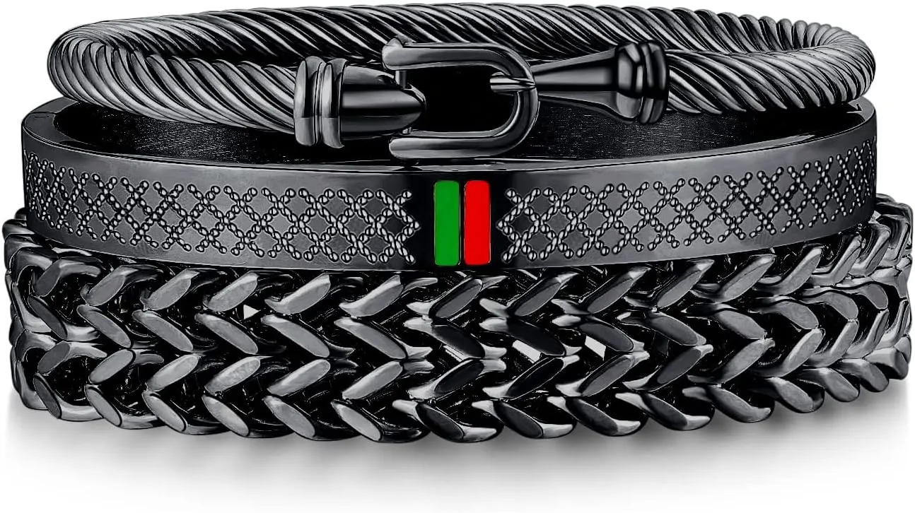 FUNEIA 3PCS Stainless Steel Bracelet Set for Women Men Gold Black Silver Cuff Bracelet Mens Crown Twisted Cable Roman Numeral Bangle Bracelet Luxury Bracelets Jewelry Gifts