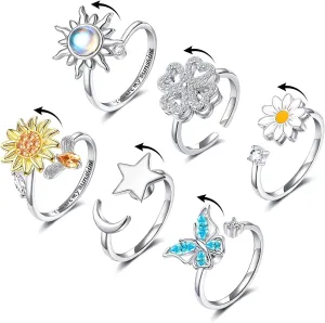 FUNEIA Fidget Anxiety Rings for Women Adjustable Spinner Fidget Rings for Anxiety You Are My Sunshine Spinner Ring Butterfly Sunflower Moon Star Stress Relief Stackable Rings Set