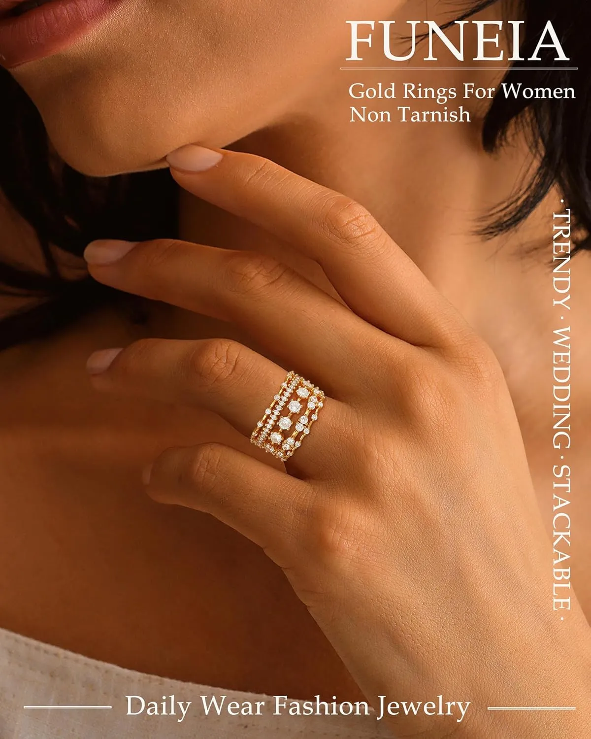 FUNEIA Stackable Silver Gold Rings for Women Non Tarnish 14K Gold Plated Thumb Cubic Zirconia Rings for Women Dainty Pinky Promise Wedding Ring Set Women's Engagement Eternity Band Rings Gold Jewelry