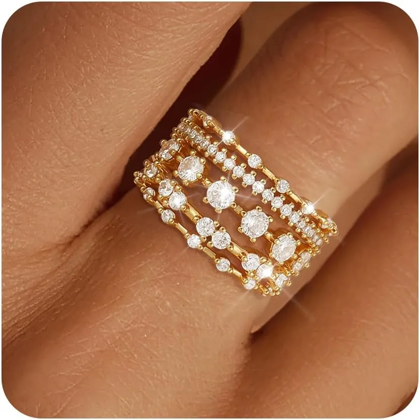 FUNEIA Stackable Silver Gold Rings for Women Non Tarnish 14K Gold Plated Thumb Cubic Zirconia Rings for Women Dainty Pinky Promise Wedding Ring Set Women's Engagement Eternity Band Rings Gold Jewelry