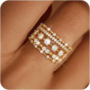 FUNEIA Stackable Silver Gold Rings for Women Non Tarnish 14K Gold Plated Thumb Cubic Zirconia Rings for Women Dainty Pinky Promise Wedding Ring Set Women's Engagement Eternity Band Rings Gold Jewelry