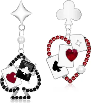 Funny Asymmetry Poker Crystal Sliver Enamel Lightweight Dangle Drop Earrings Creative Spade Heart Pearl Stud Earrings For Women Jewelry Gifts
