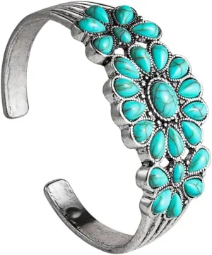 Fuqimanman2020 Bohemian Natural Stone Turquoise Engraved Cuff Bracelet Adjustable Wrap Bangle Western National Style for Women Gemstone Boho Jewelry