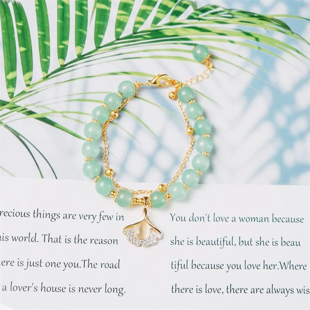 Fuqimanman2020 Classical Hetian Jade Gold Leaf Rabbit Stretch Bracelet Natural Stone Strand Temperament Layered Adjustable for Women Feng Shui New Year Lucky Jewelry
