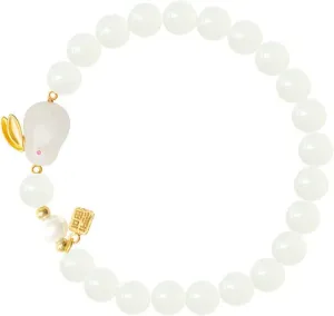Fuqimanman2020 Classical Hetian Jade Gold Leaf Rabbit Stretch Bracelet Natural Stone Strand Temperament Layered Adjustable for Women Feng Shui New Year Lucky Jewelry