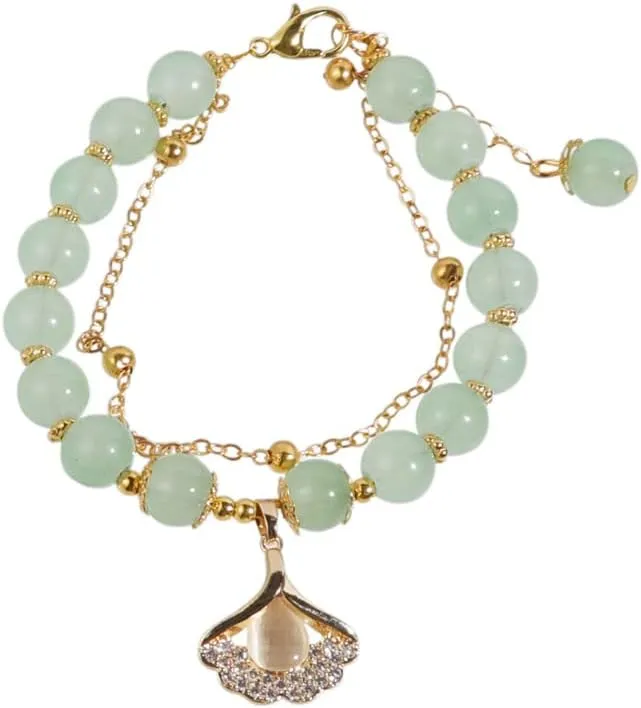 Fuqimanman2020 Classical Hetian Jade Gold Leaf Rabbit Stretch Bracelet Natural Stone Strand Temperament Layered Adjustable for Women Feng Shui New Year Lucky Jewelry