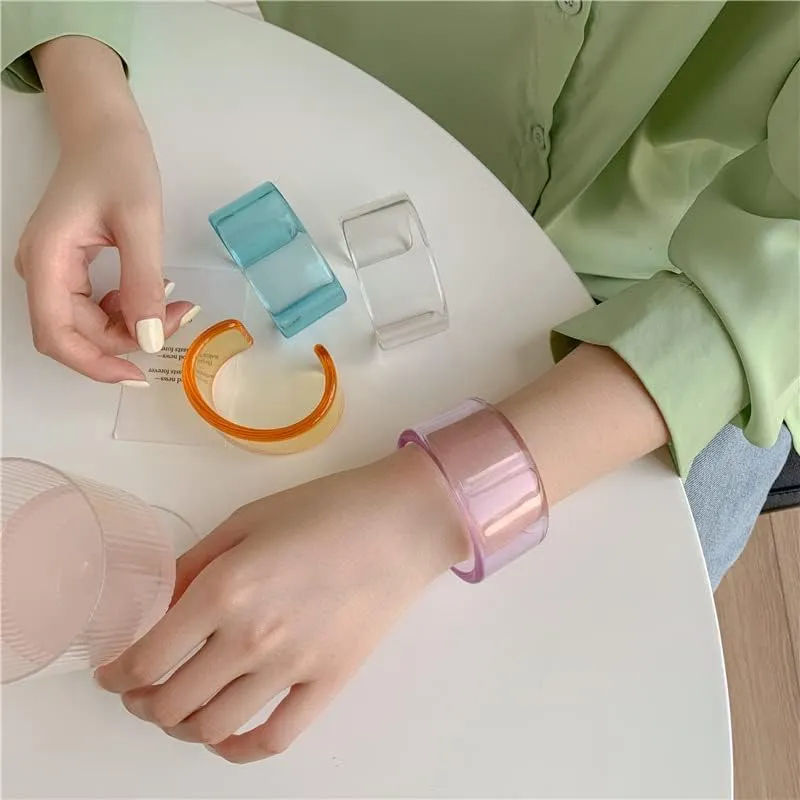 Fuqimanman2020 Colorful Transparent Acrylic Resin Geometric Cuff Bangle Open Wrap Wide Bracelet Chunky Acetate for Women Jewelry Gift
