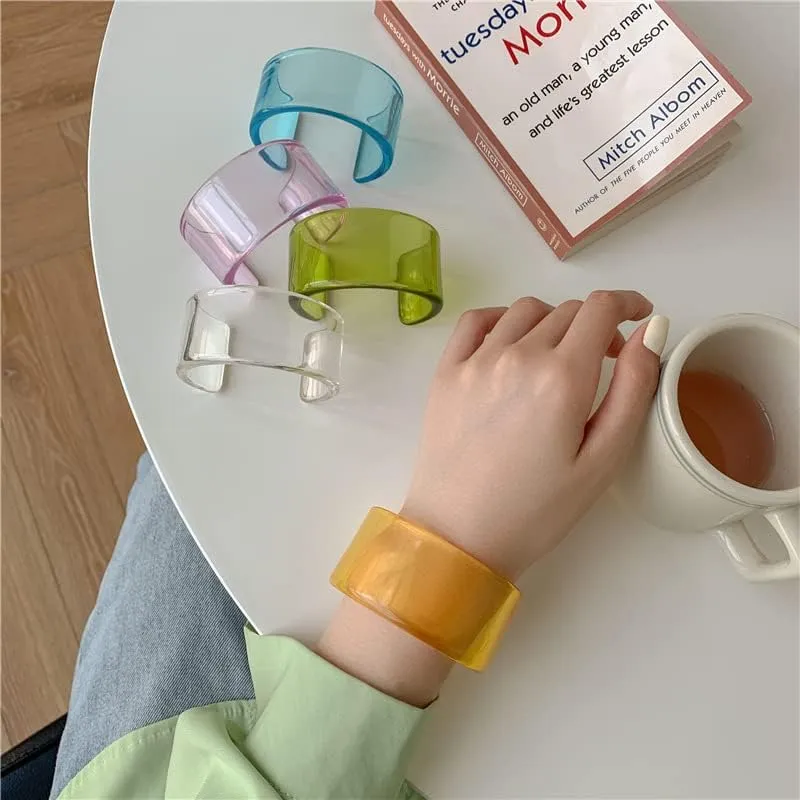Fuqimanman2020 Colorful Transparent Acrylic Resin Geometric Cuff Bangle Open Wrap Wide Bracelet Chunky Acetate for Women Jewelry Gift