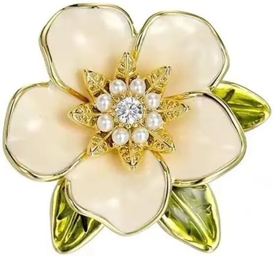 Gardenia Flower Small Brooch Pin Rhinestone Petals Floral Lapel Pins Flowers Scarf Clip Brooches for Women Clothes Hat Bag Suit Tie Accessory Elegant Jewelry