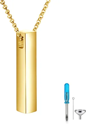 GEHN 10K 14K 18K Real Gold Personalized Cremation Urn Necklace for Ashes Customized 3D Vertical Bar Memorial Pendant Jewelry Gifts