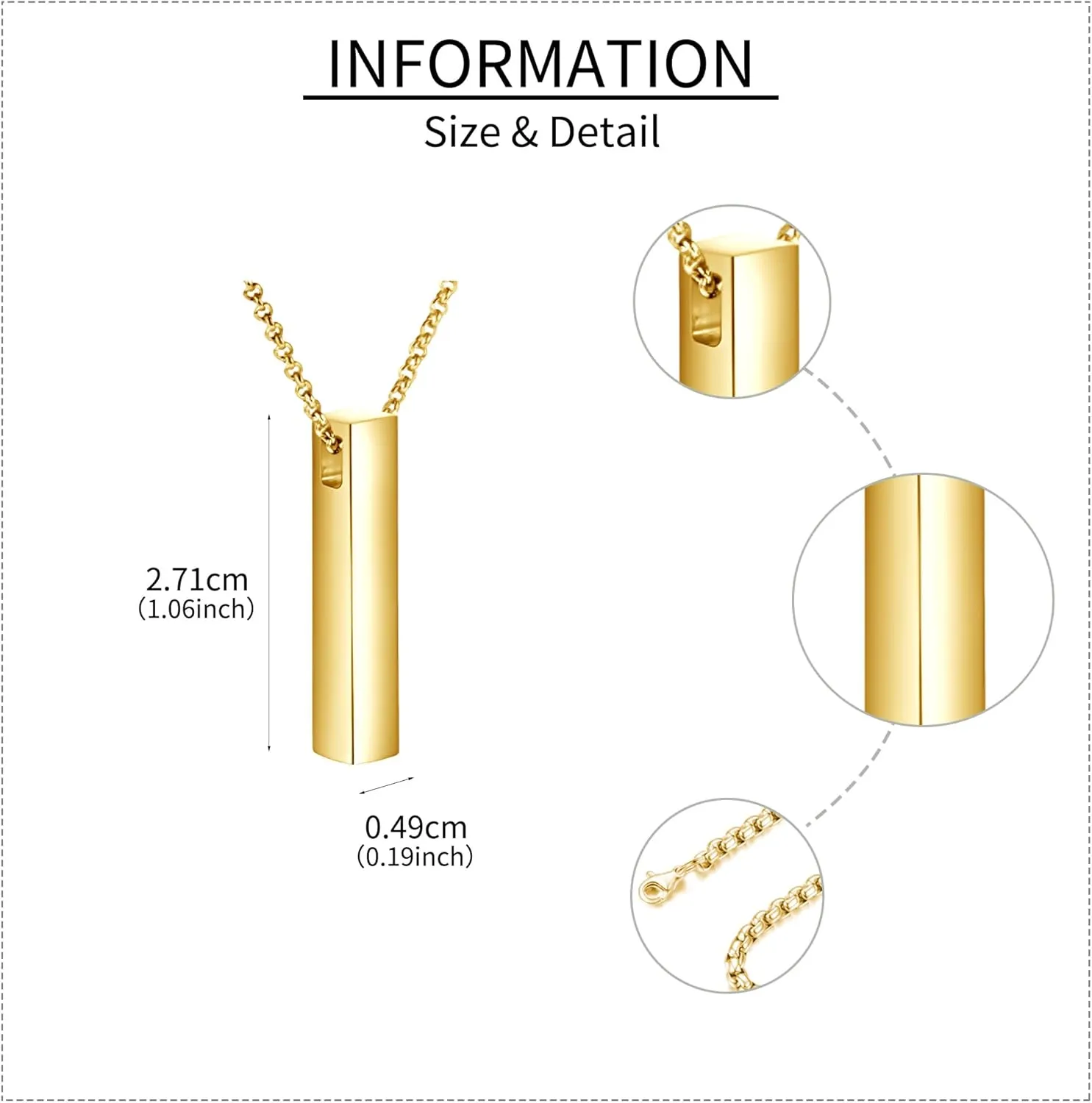 GEHN 10K 14K 18K Real Gold Personalized Cremation Urn Necklace for Ashes Customized 3D Vertical Bar Memorial Pendant Jewelry Gifts