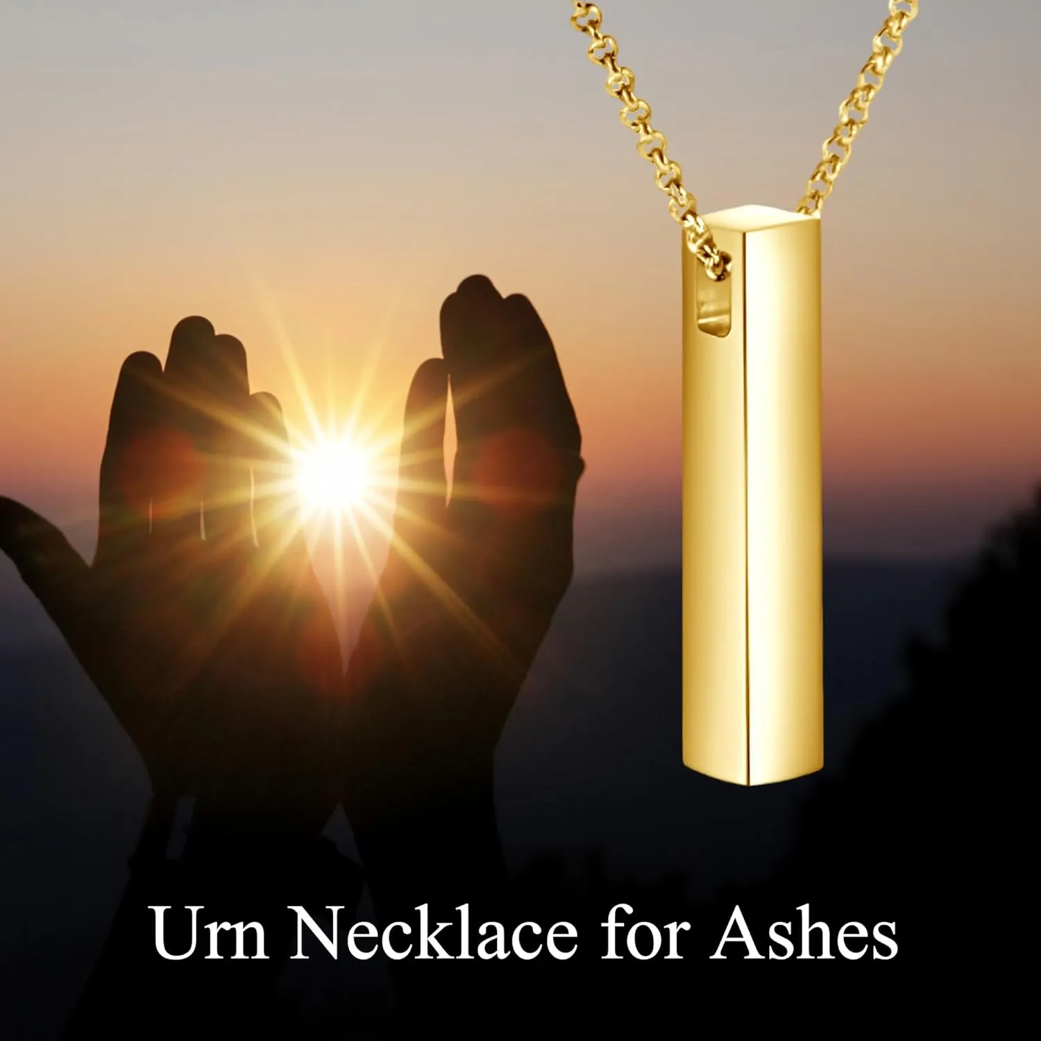 GEHN 10K 14K 18K Real Gold Personalized Cremation Urn Necklace for Ashes Customized 3D Vertical Bar Memorial Pendant Jewelry Gifts