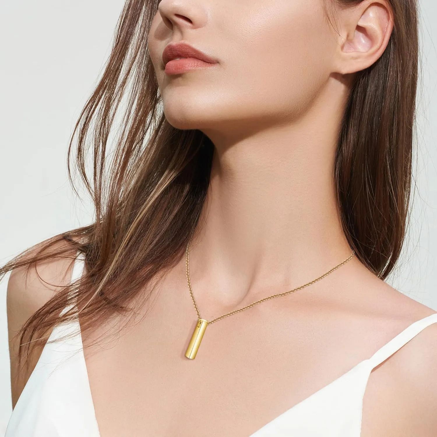 GEHN 10K 14K 18K Real Gold Personalized Cremation Urn Necklace for Ashes Customized 3D Vertical Bar Memorial Pendant Jewelry Gifts