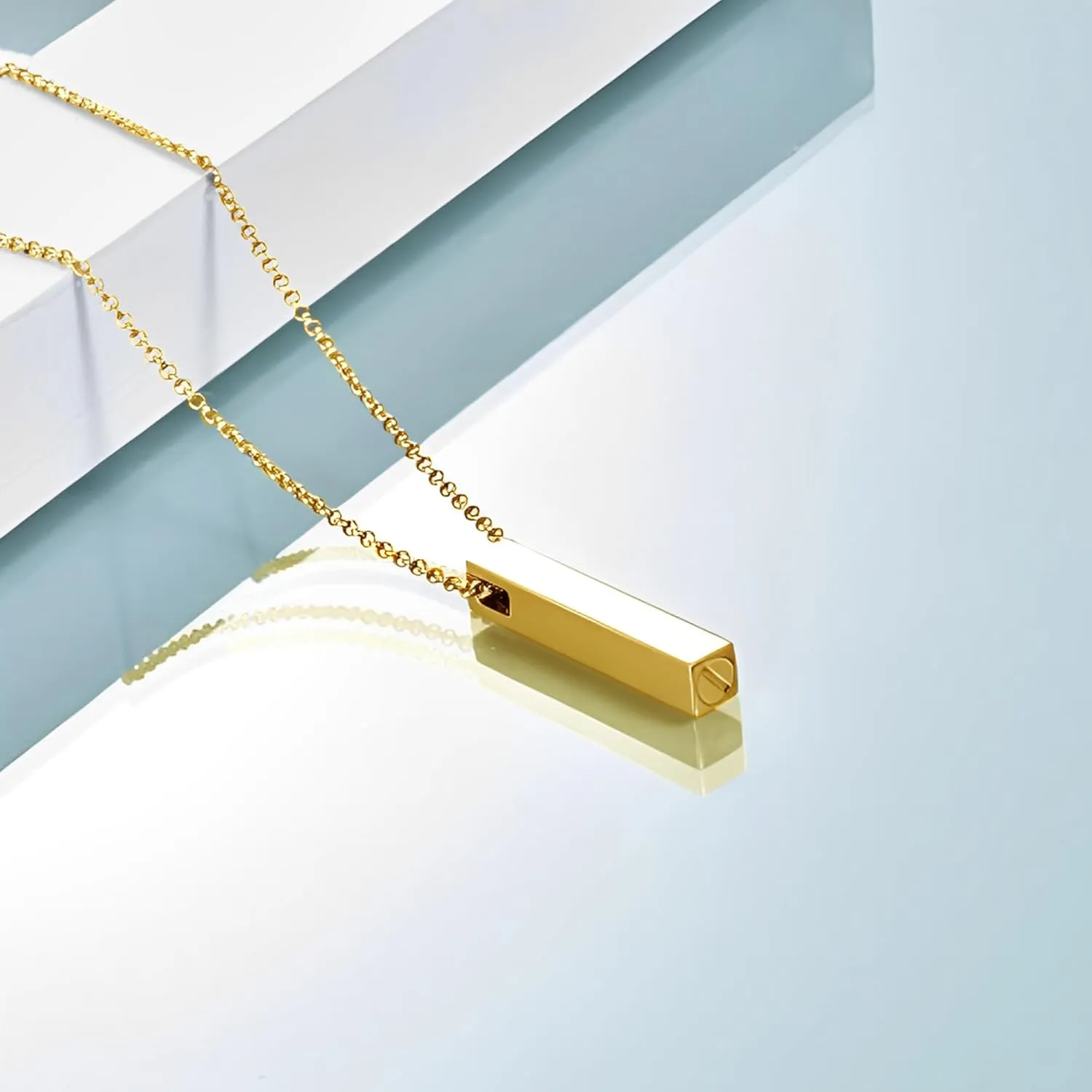 GEHN 10K 14K 18K Real Gold Personalized Cremation Urn Necklace for Ashes Customized 3D Vertical Bar Memorial Pendant Jewelry Gifts