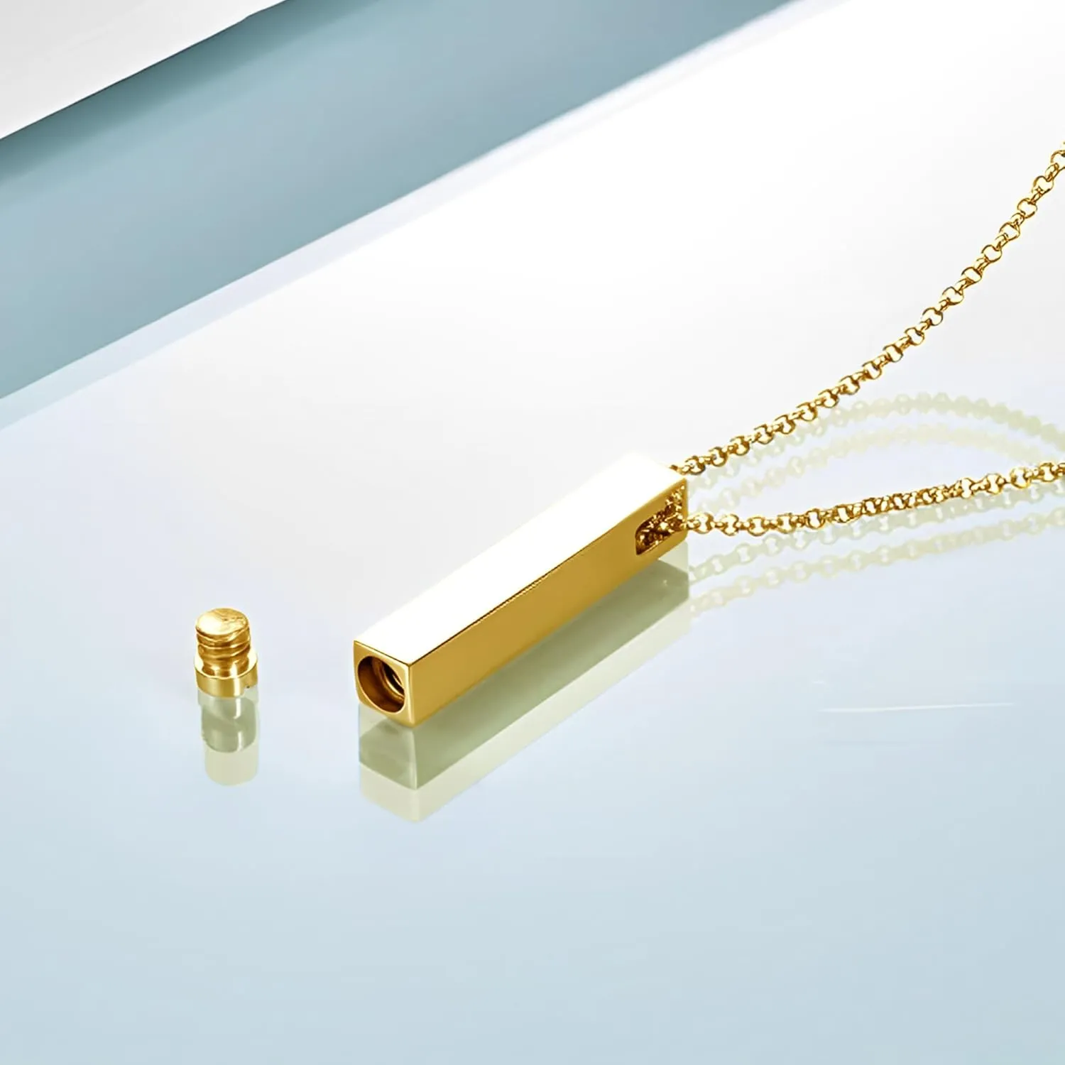 GEHN 10K 14K 18K Real Gold Personalized Cremation Urn Necklace for Ashes Customized 3D Vertical Bar Memorial Pendant Jewelry Gifts