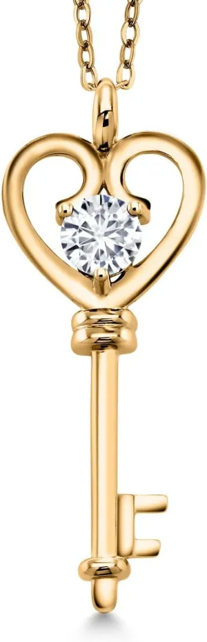 Gem Stone King 0.50 Ct Round Lab Grown Diamond 18K Yellow Gold Plated Silver Key Pendant Necklace for Women | DEF Color | VVS-VS Clarity | With 18 Inch Chain