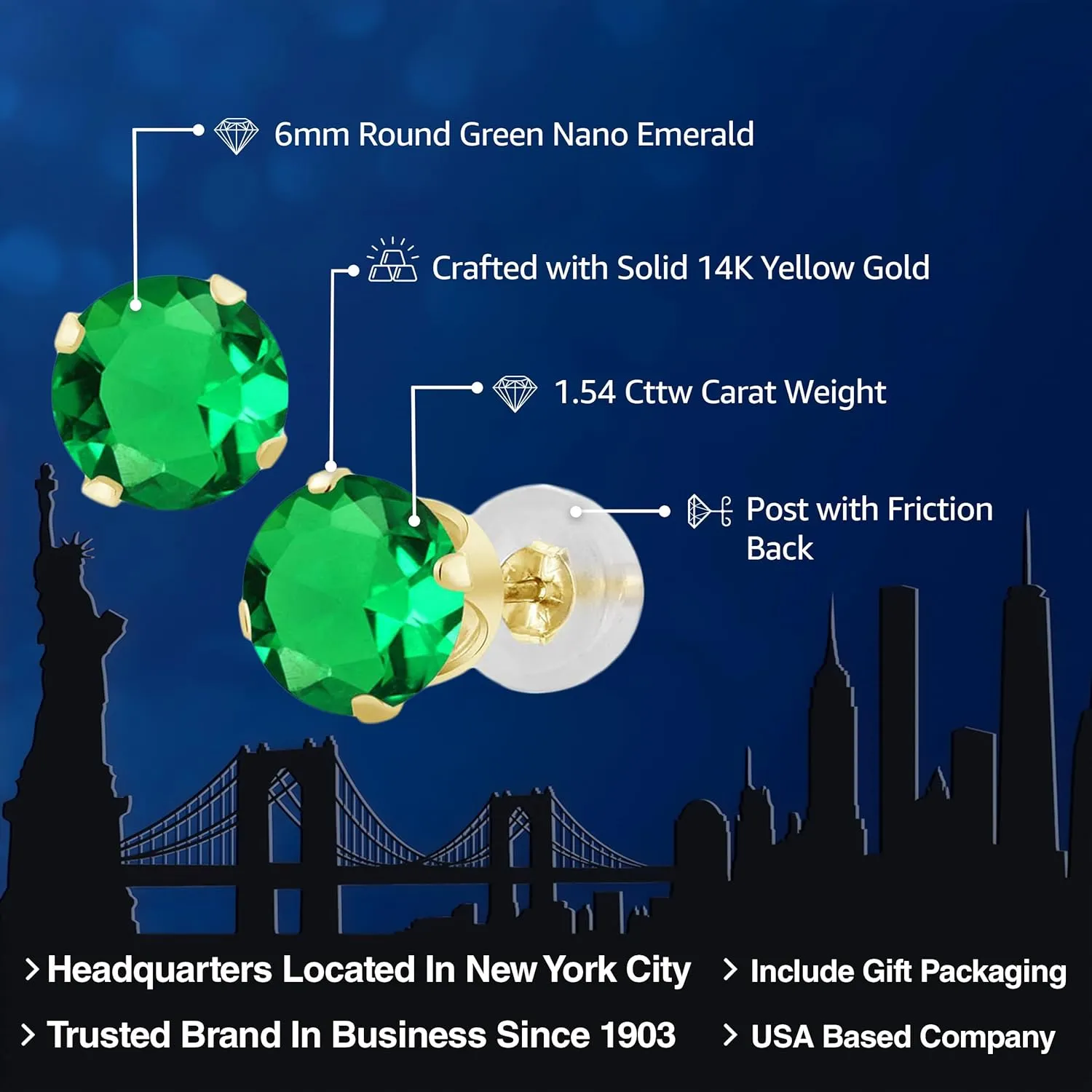 Gem Stone King 14K Gold Gemstone Birthstone Solitaire Stud Earrings | Round 6MM | Gold Earrings For Women Men