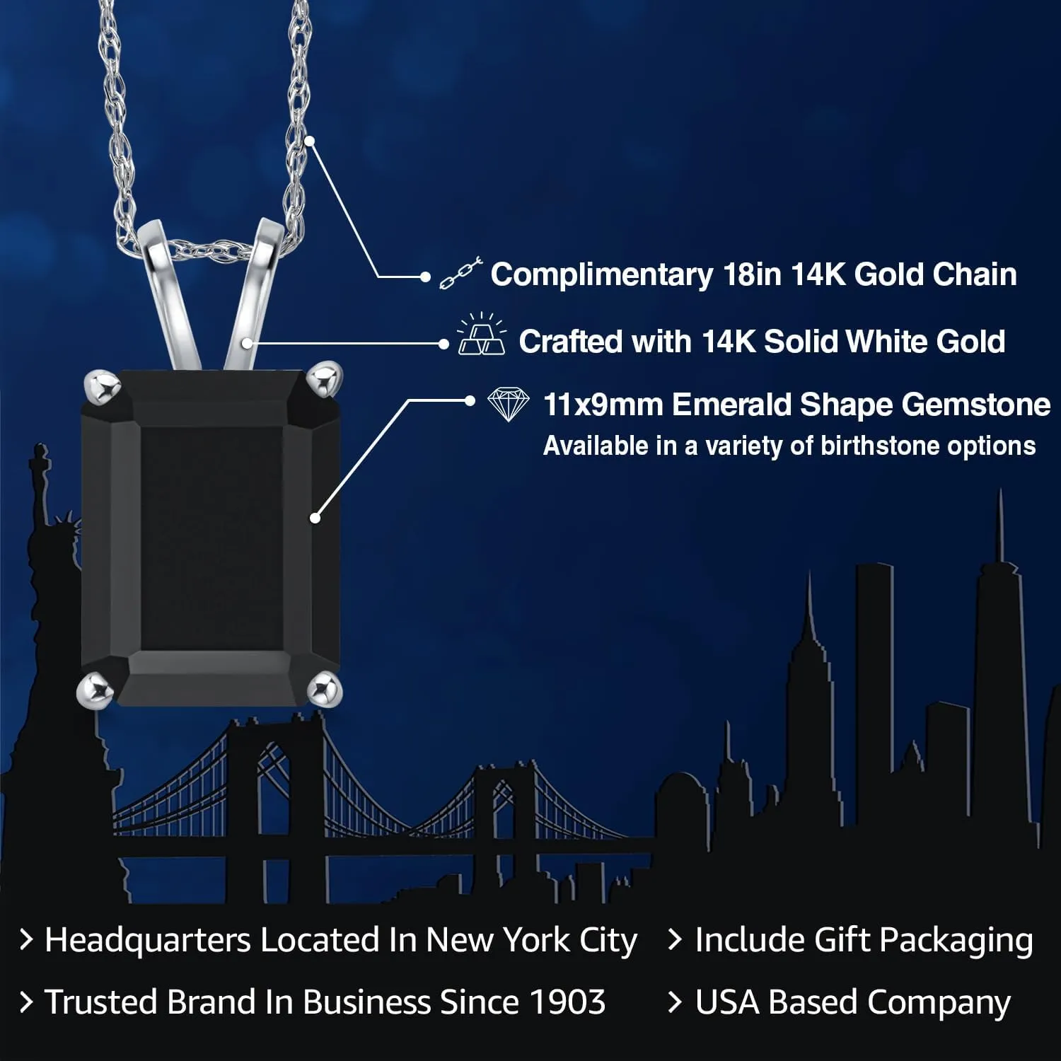 Gem Stone King 14K White Gold 11X9MM Emerald Cut Gemstone Birthstone Pendant Necklace for Women | Gold Necklace For Women | With 18 Inch Rope Gold Chain | Fine Jewelry Gifts for Her Mom Women Wife