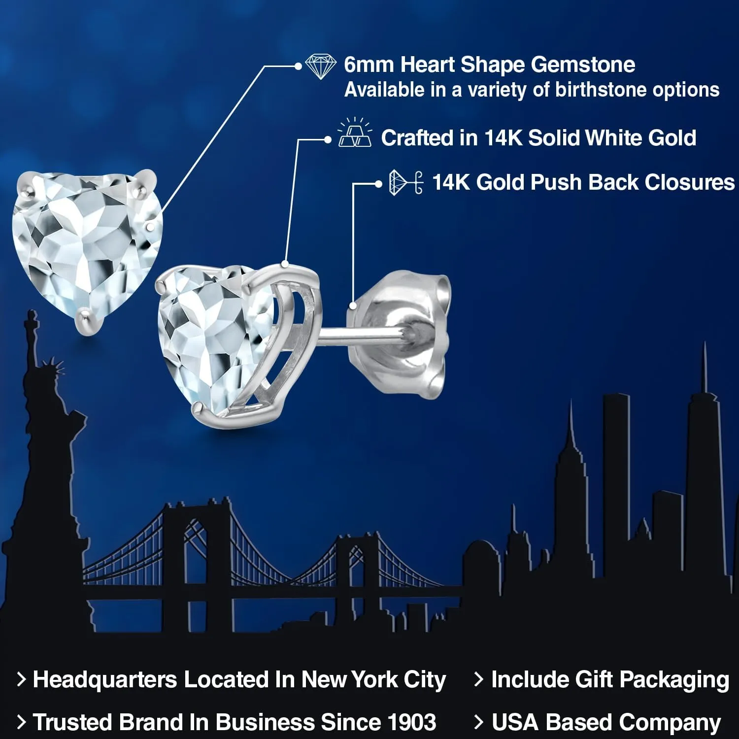 Gem Stone King 14K White Gold 6MM Heart Shape Gemstone Birthstone Stud Earrings | Gold Earrings For Women Men | Fine Jewelry Gifts for Her Mom Women Wife