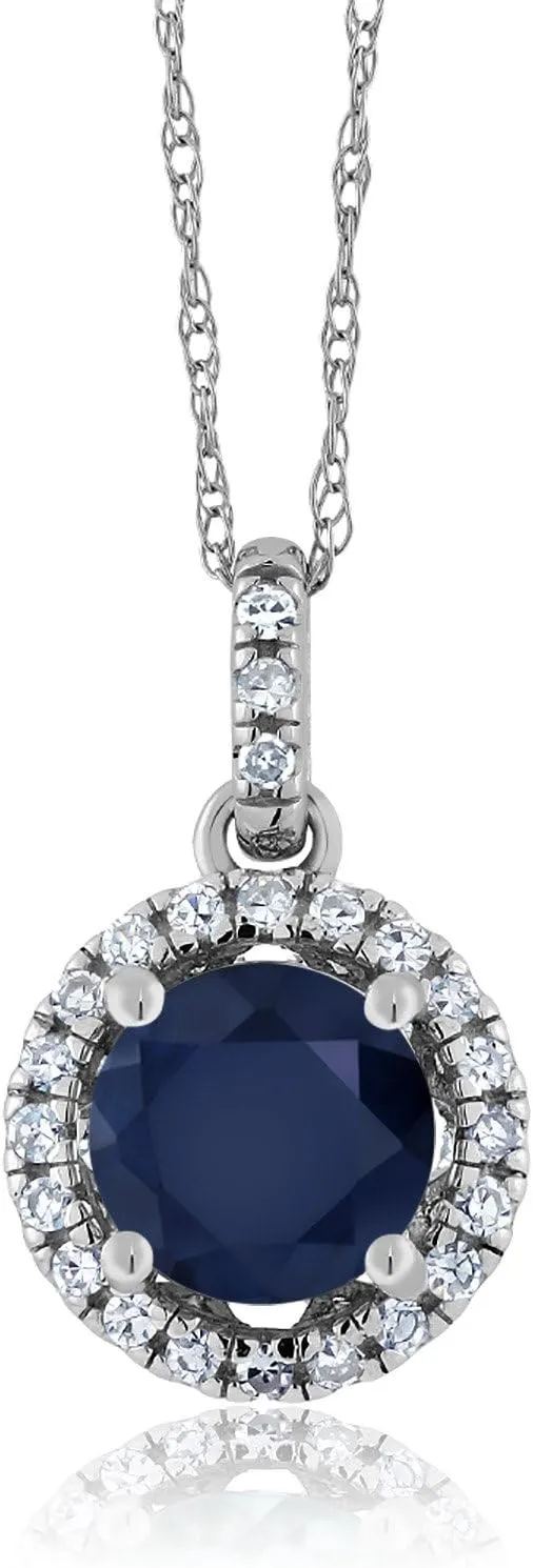 Gem Stone King 14K White Gold Blue Sapphire and Diamond Pendant Necklace For Women (1.17 Cttw, Round Cut 6MM, Gemstone Birthstone, with 18 Inch Chain)