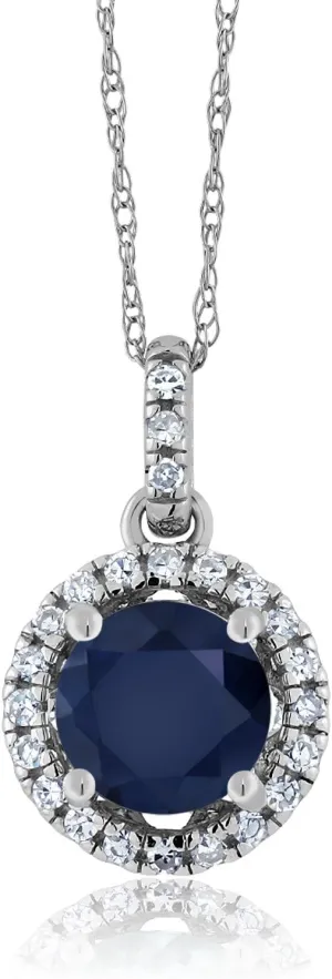 Gem Stone King 14K White Gold Blue Sapphire and Diamond Pendant Necklace For Women (1.17 Cttw, Round Cut 6MM, Gemstone Birthstone, with 18 Inch Chain)