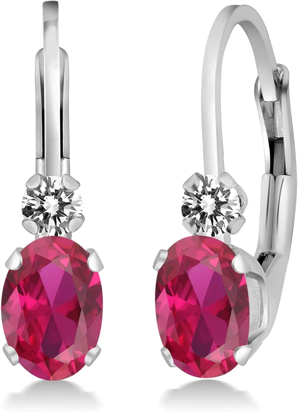 Gem Stone King 14K White Gold Red Created Ruby and White Diamond Leverback Earrings For Women | 1.07 Cttw | Gemstone July Birthstone | Oval 6X4MM, Round 2MM | 3/4 Inch