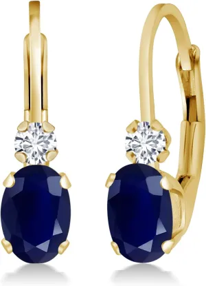 Gem Stone King 14K Yellow Gold Blue Sapphire and White Diamond Leverback Earrings For Women | 1.17 Cttw | Gemstone September Birthstone | Oval 6X4MM, Round 2MM | 3/4 Inch