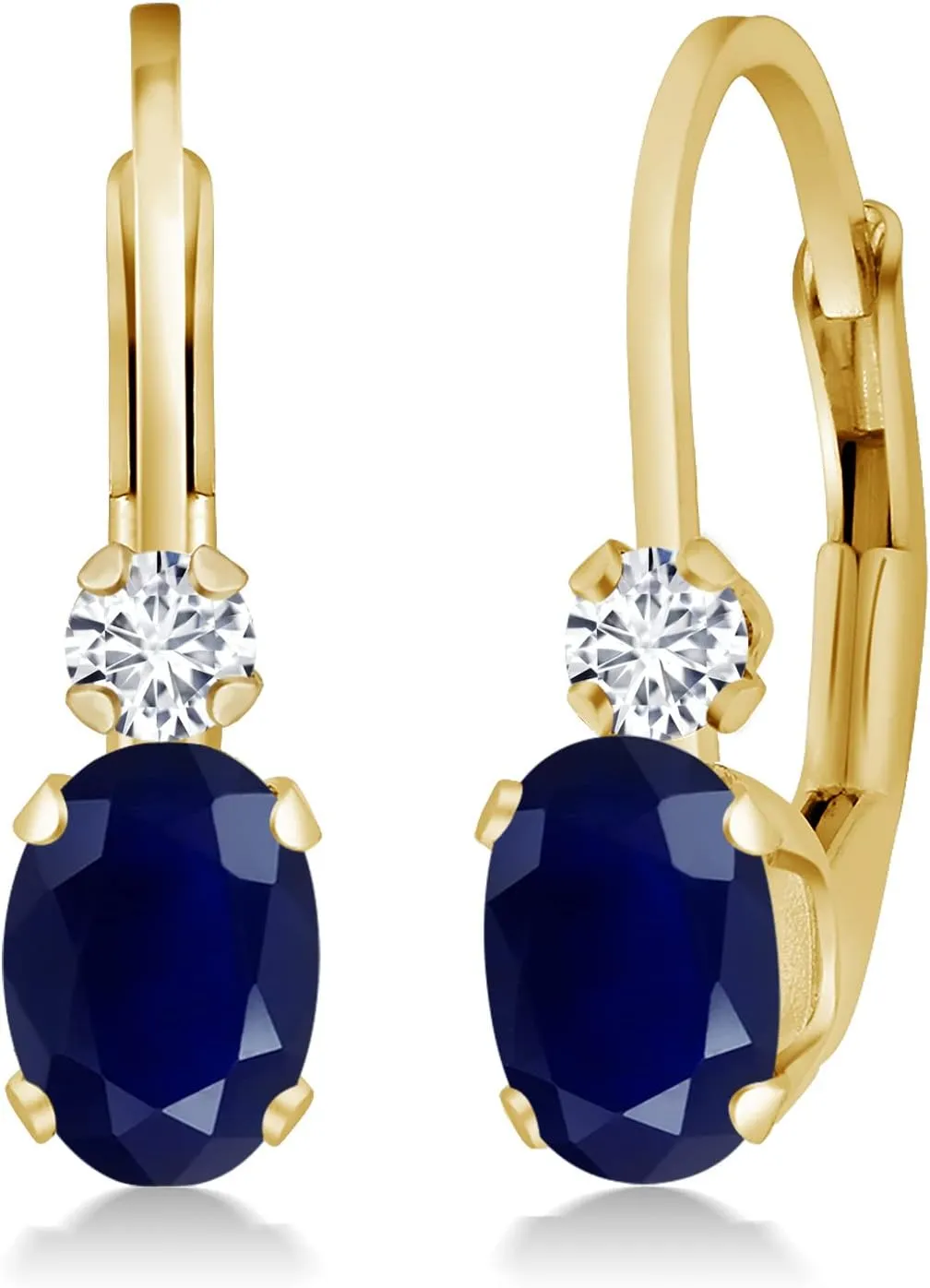 Gem Stone King 14K Yellow Gold Blue Sapphire and White Diamond Leverback Earrings For Women | 1.17 Cttw | Gemstone September Birthstone | Oval 6X4MM, Round 2MM | 3/4 Inch