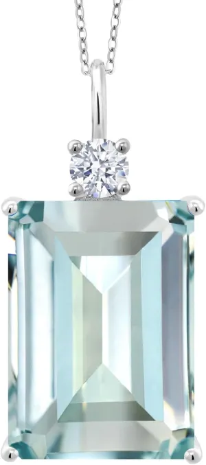 Gem Stone King 15.80 Cttw Sky Blue Simulated Aquamarine Pendant Necklace For Women | 925 Sterling Silver | Emerald Cut 18X13MM | With 18 Inch Silver Chain