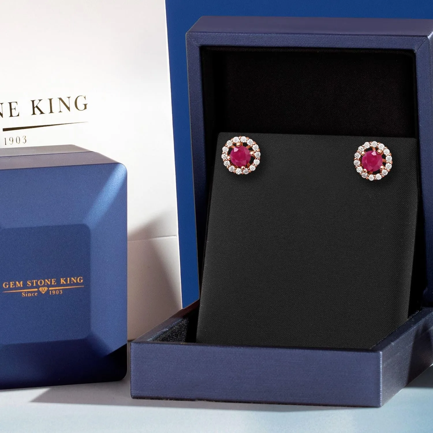 Gem Stone King 18K Rose Gold Plated Silver Gemstone Birthstone and White Moissanite Earrings | Studs with Removable Jackets for Women | Center Round 5MM