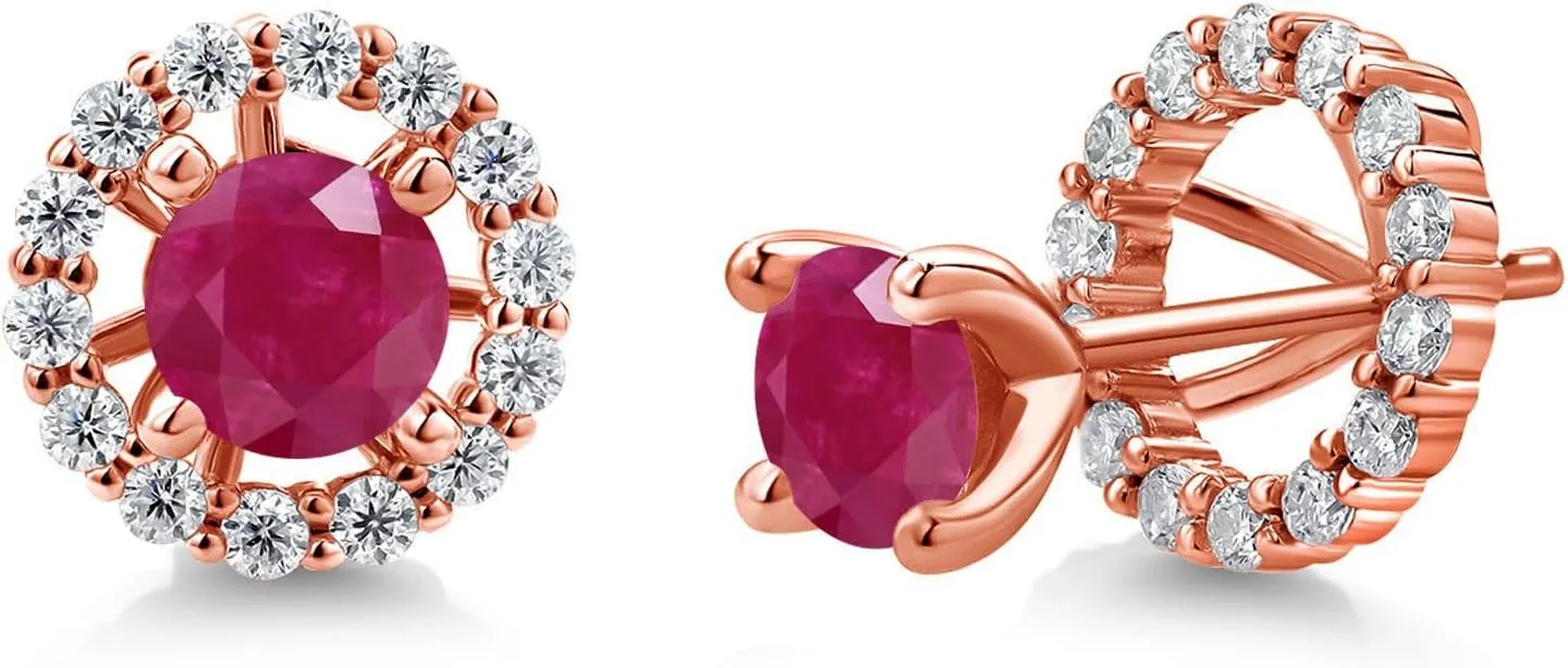 Gem Stone King 18K Rose Gold Plated Silver Gemstone Birthstone and White Moissanite Earrings | Studs with Removable Jackets for Women | Center Round 5MM